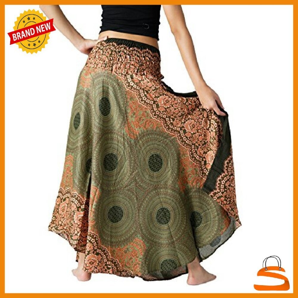 Maxi Skirt Boho Floral Print Rayon Elastic Waist Asymmetrical Hem - Picture 5 of 7
